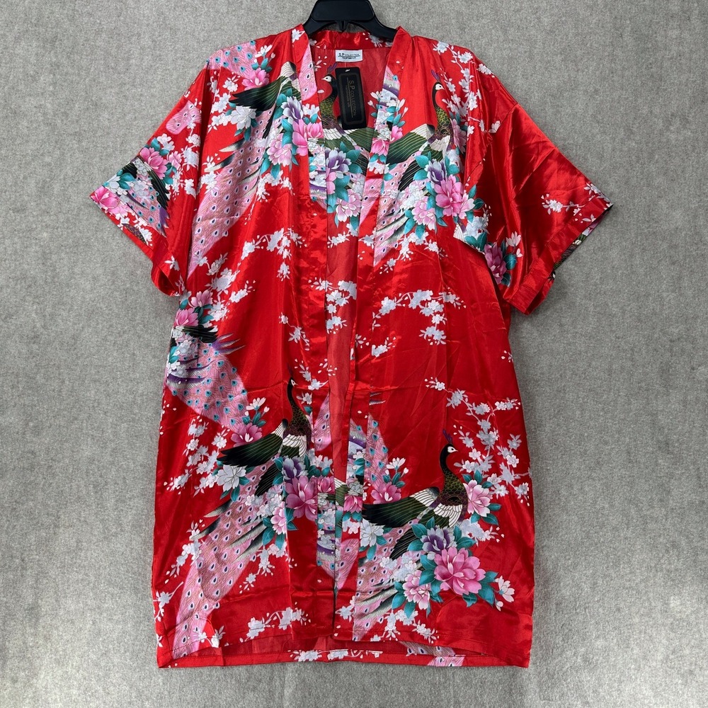 NWT Red Peacock Floral Handmade Silk Kimono Robe By S.P Collection‎ OS NO BELT
